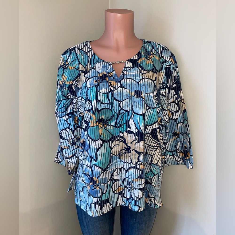 Alfred Dunner Classics XL Blue Stained Glass Print Knit Top Blouse